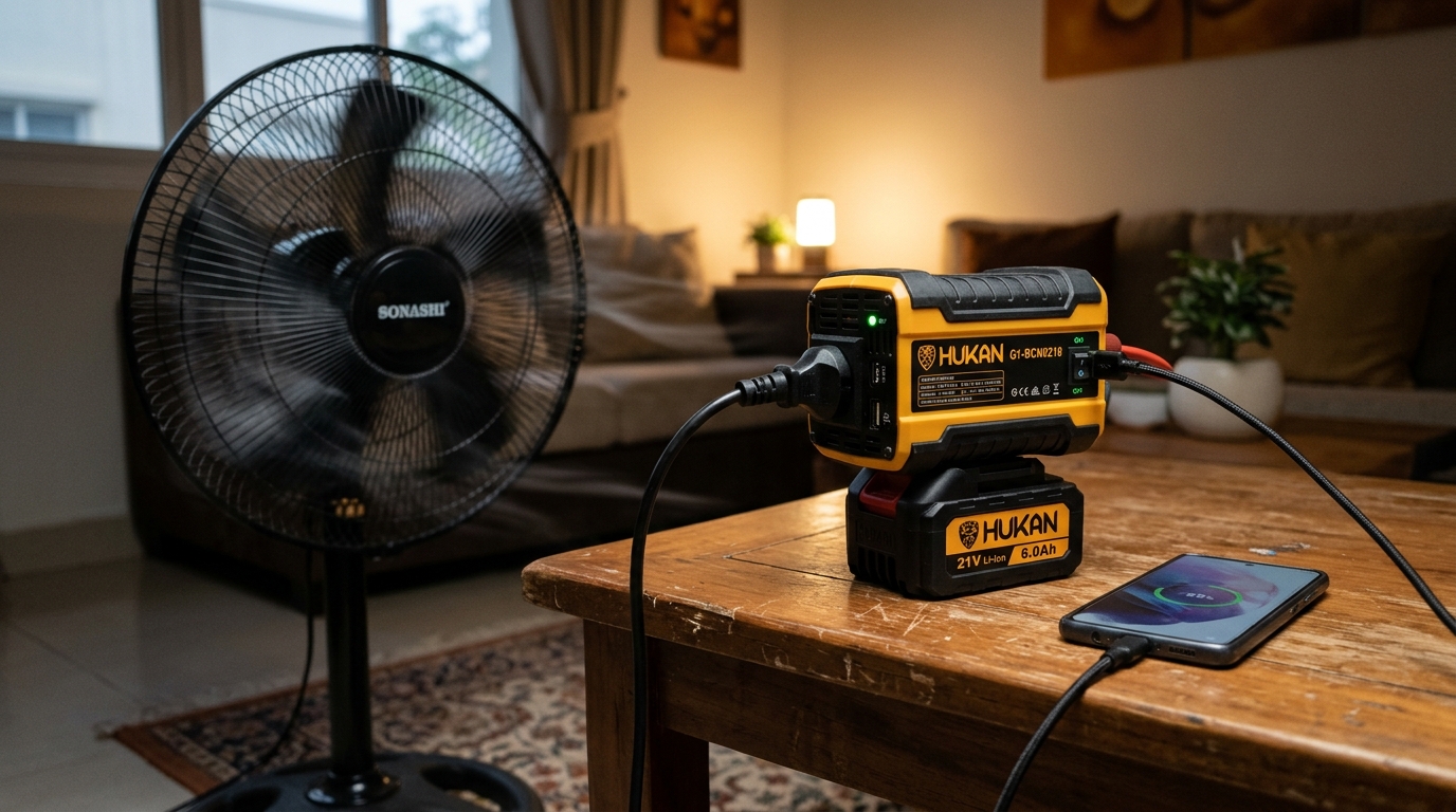 Thử nghiệm thực tế đế chuyển nguồn Hukan cắm quạt điện 220V quay tít và sạc điện thoại