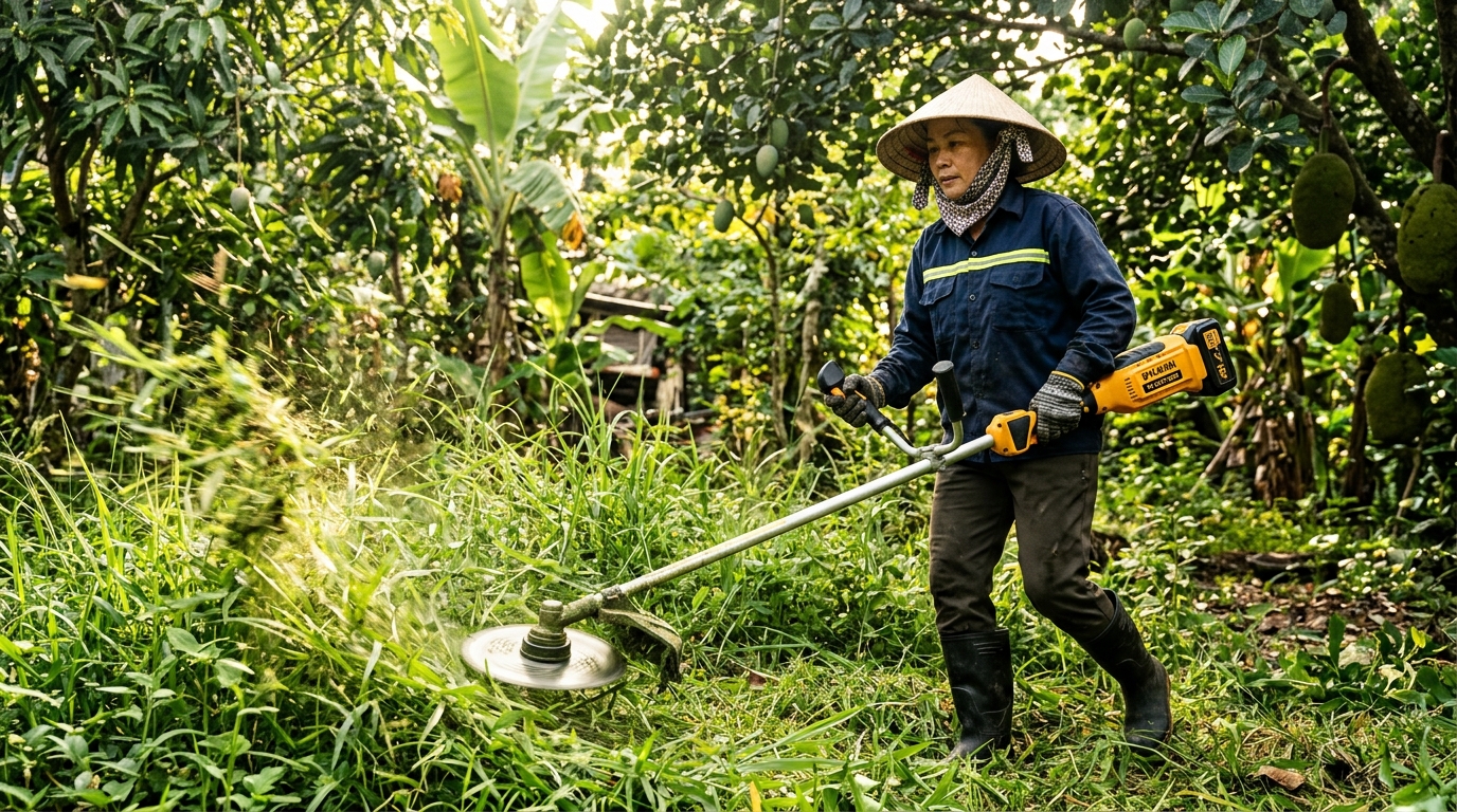 Bà con dùng máy cắt cỏ pin Hukan G1-CCT1200 cắt cỏ rậm trong vườn cây ăn trái