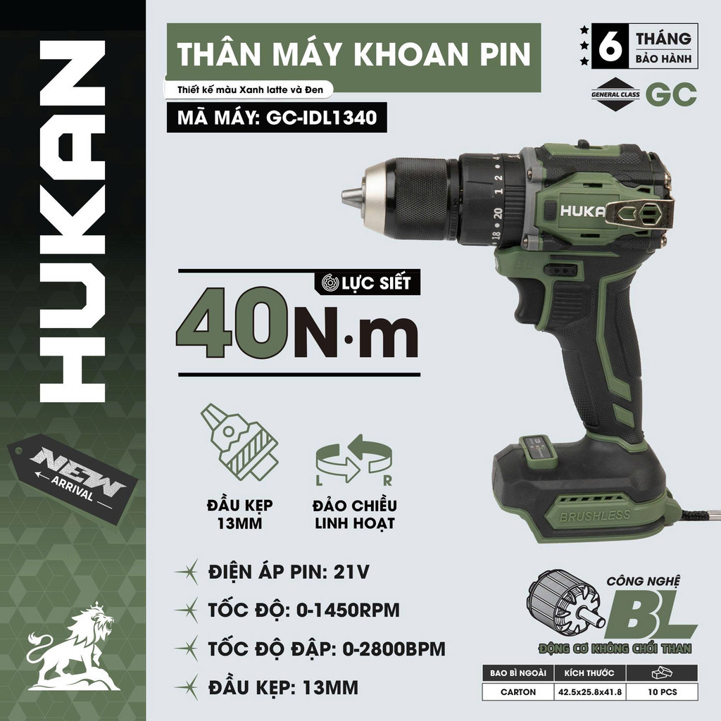 Máy khoan pin Hukan GC-IDL1340 đầu kẹp kim loại 13mm autolock