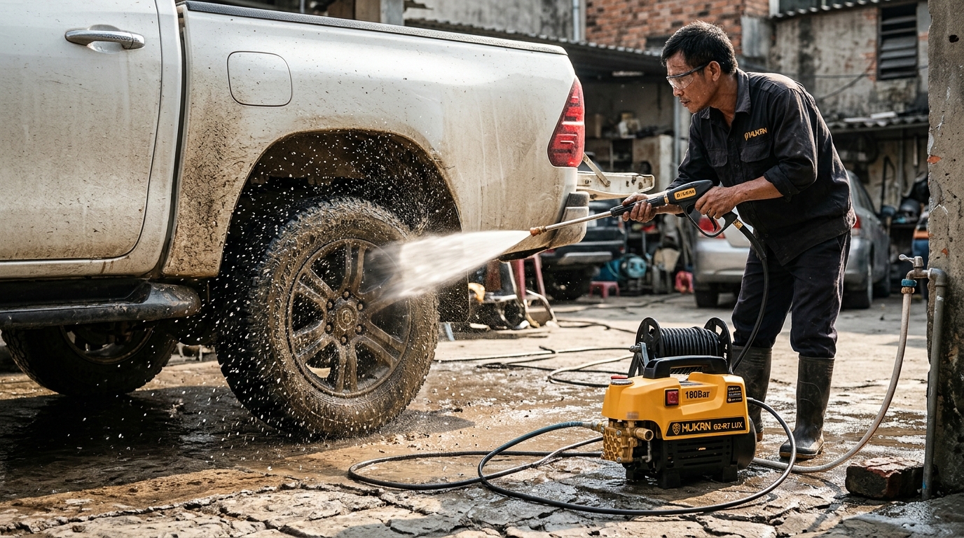 Kỹ thuật viên test áp lực 180 Bar máy rửa xe Hukan G2-R7 Lux xịt sạch bùn đất bánh xe